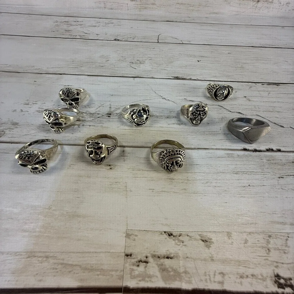 9pc Mens Biker Ring Lot Skull Native American Chief Oni Mask Gothic‎ Punk Rings